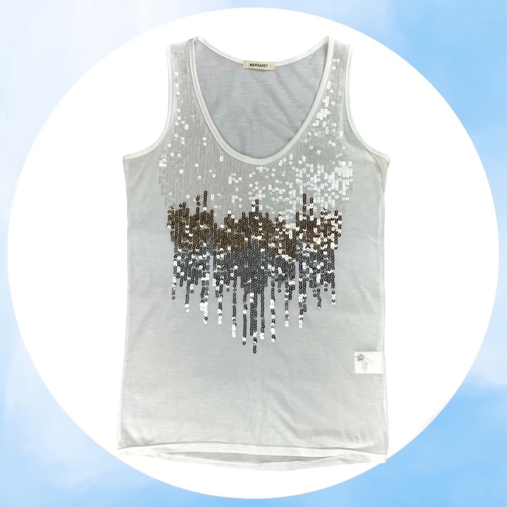 White Gold Silver Sequin Semi Sheer White Tank Top Sleeveless Blouse Korean